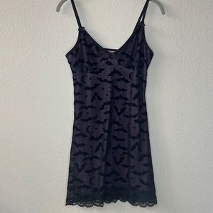 purple with black velvet bats and moons Halloween slip dress.